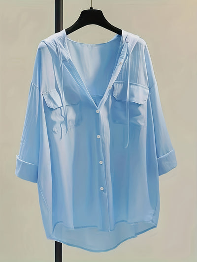 Mode North | Solid Hooded Button Blouse