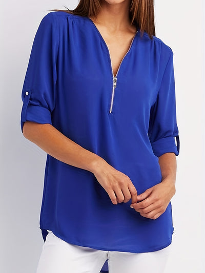 Mode North | Solid V-Neck Half-Zip Blouse