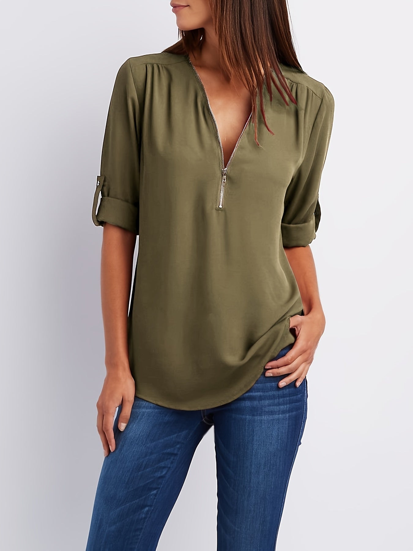 Mode North | Solid V-Neck Half-Zip Blouse
