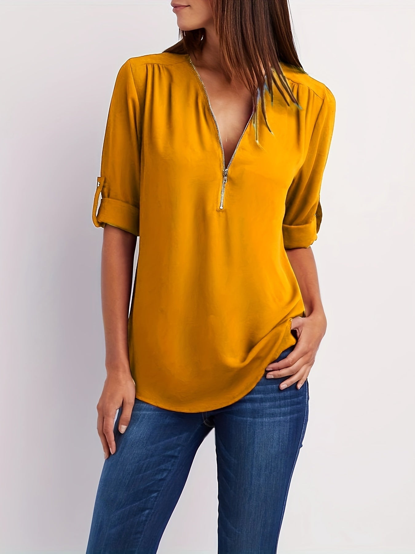 Mode North | Solid V-Neck Half-Zip Blouse