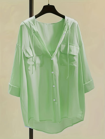 Mode North | Solid Hooded Button Blouse