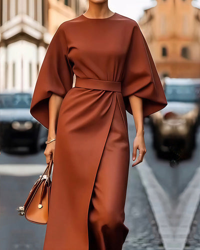 Celestine™ | Elegant Dress with Lantern Sleeves and Belt
