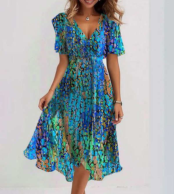 Clara™ | Blue Midi Dress with Short Sleeves