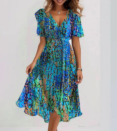 Clara™ | Blue Midi Dress with Short Sleeves