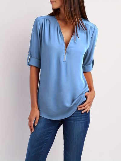 Mode North | Solid V-Neck Half-Zip Blouse
