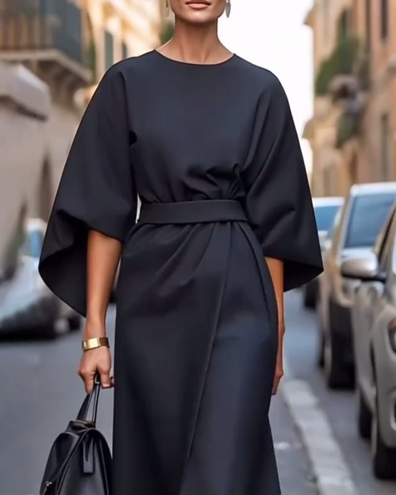 Celestine™ | Elegant Dress with Lantern Sleeves and Belt