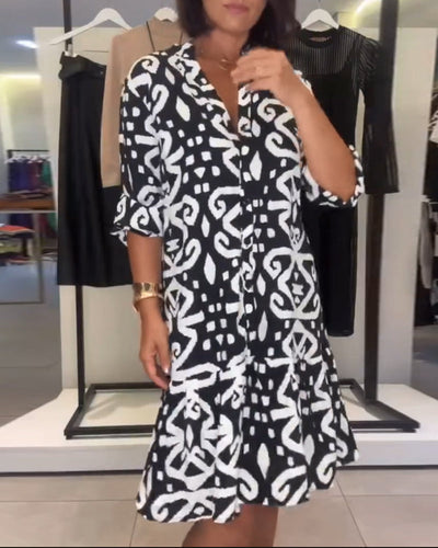 Ines™ - Elegant Printed V-Neck Dress