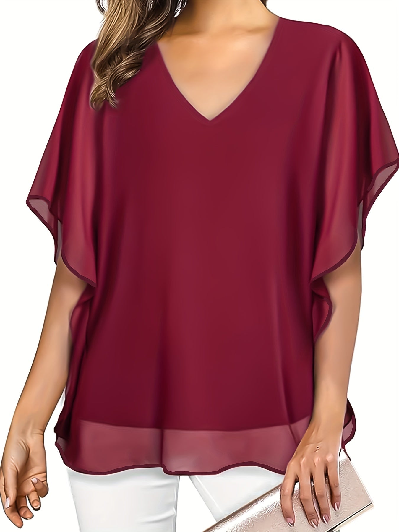 Mode North | Solid V-Neck Chiffon Blouse
