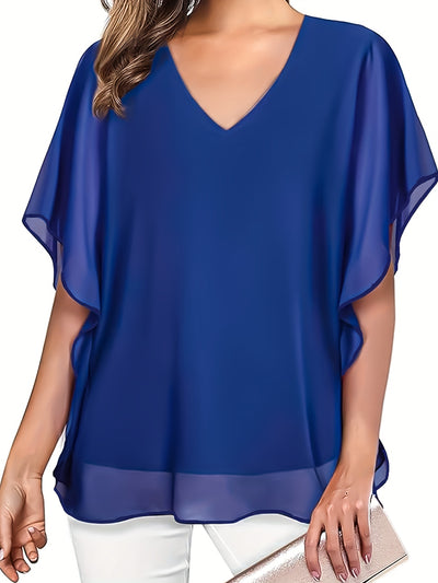 Mode North | Solid V-Neck Chiffon Blouse