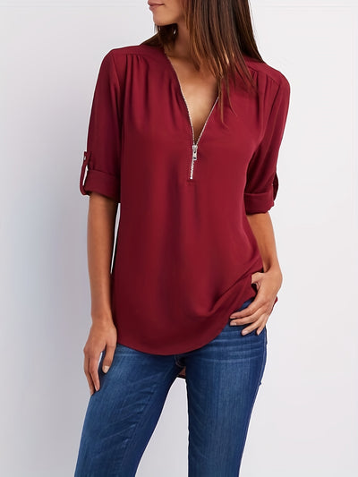 Mode North | Solid V-Neck Half-Zip Blouse