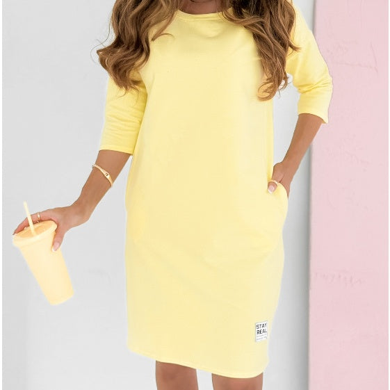 Elvire™ - Round Neck 3/4 Sleeve Dress with Pockets
