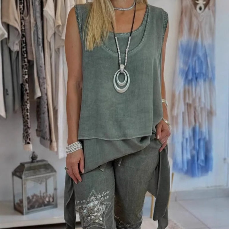Amandine™ - Women's Two-Piece Set: Sleeveless Top and Printed Pants